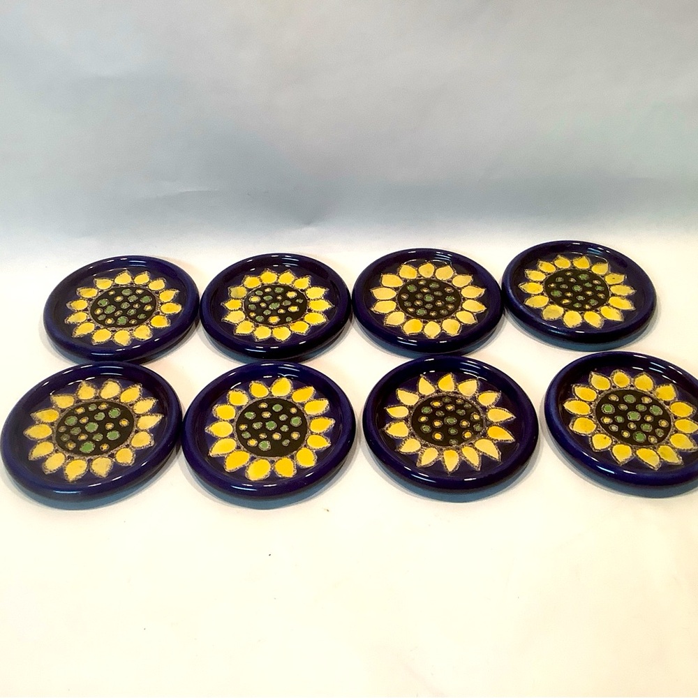 8 Eduardo Vega Artesa Girasol Azul Coasters Sunflower Cobalt Blue HAND PAINTED